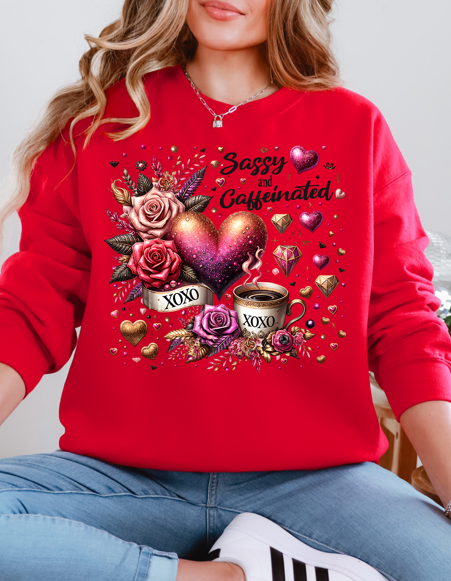 Sassy & Caffeinated Valentine Sweatshirt and Hoodie for Women XOXO V-day Sweater