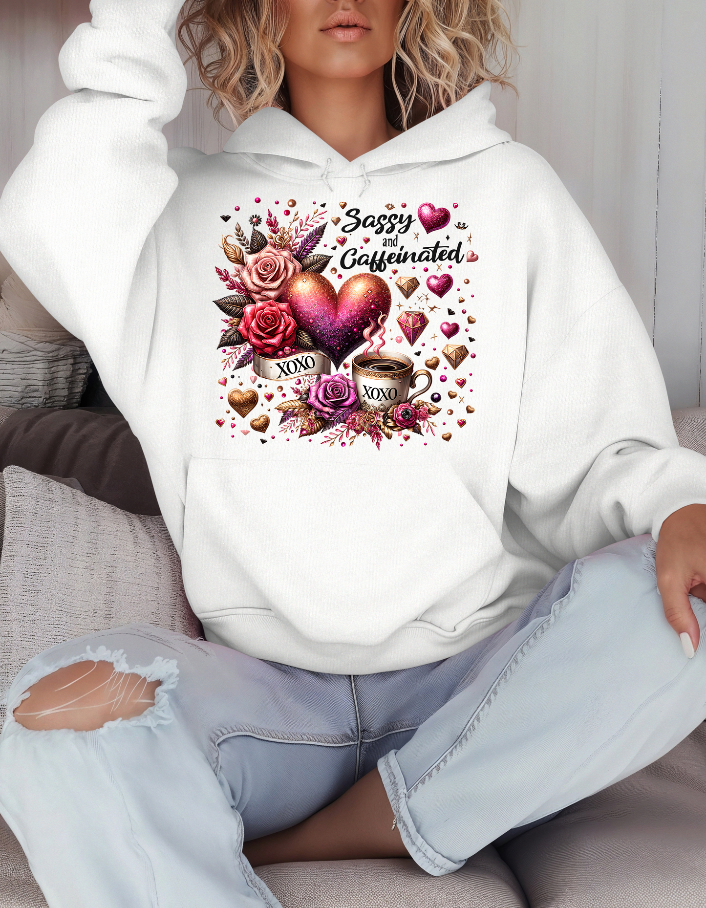Sassy & Caffeinated Valentine Sweatshirt and Hoodie for Women XOXO V-day Sweater