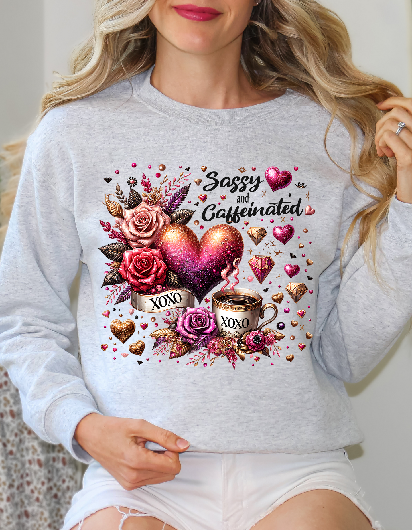 Sassy & Caffeinated Valentine Sweatshirt and Hoodie for Women XOXO V-day Sweater