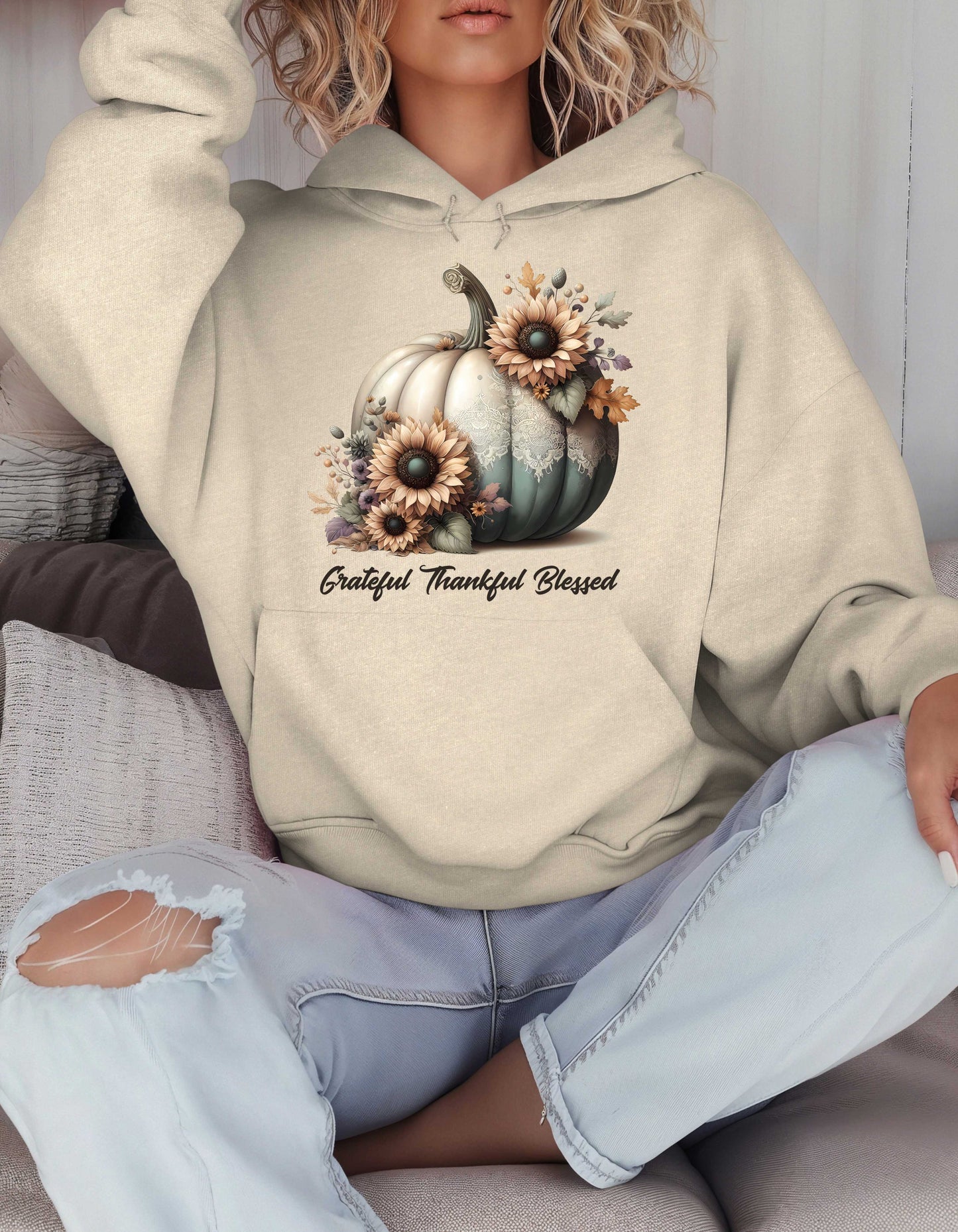 Fall Grateful Thankful Blessed Beige Hoodie Perfect for Thanksgiving Festivities or Any Autumn Occasions