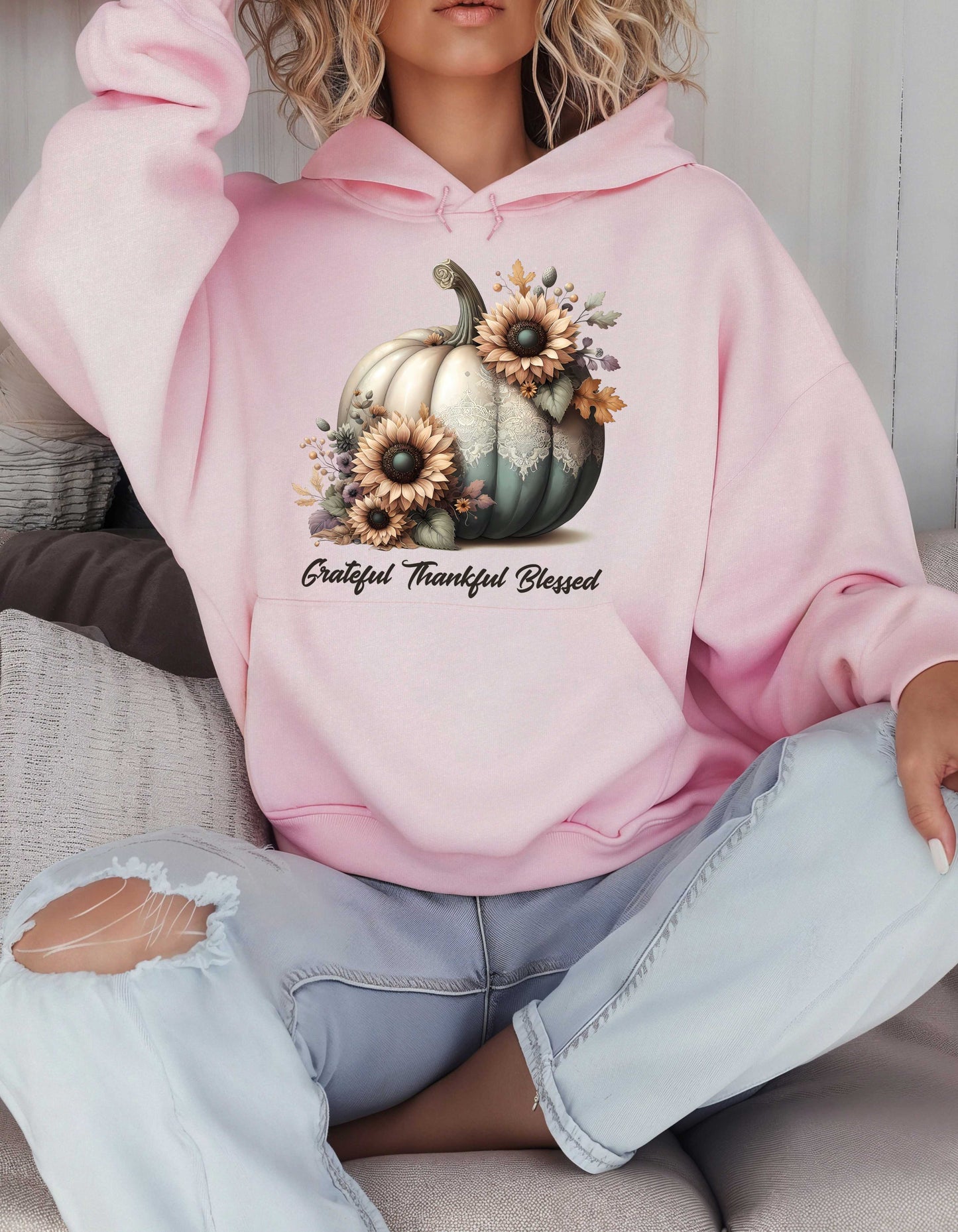 Fall Grateful Thankful Blessed Beige Hoodie Perfect for Thanksgiving Festivities or Any Autumn Occasions