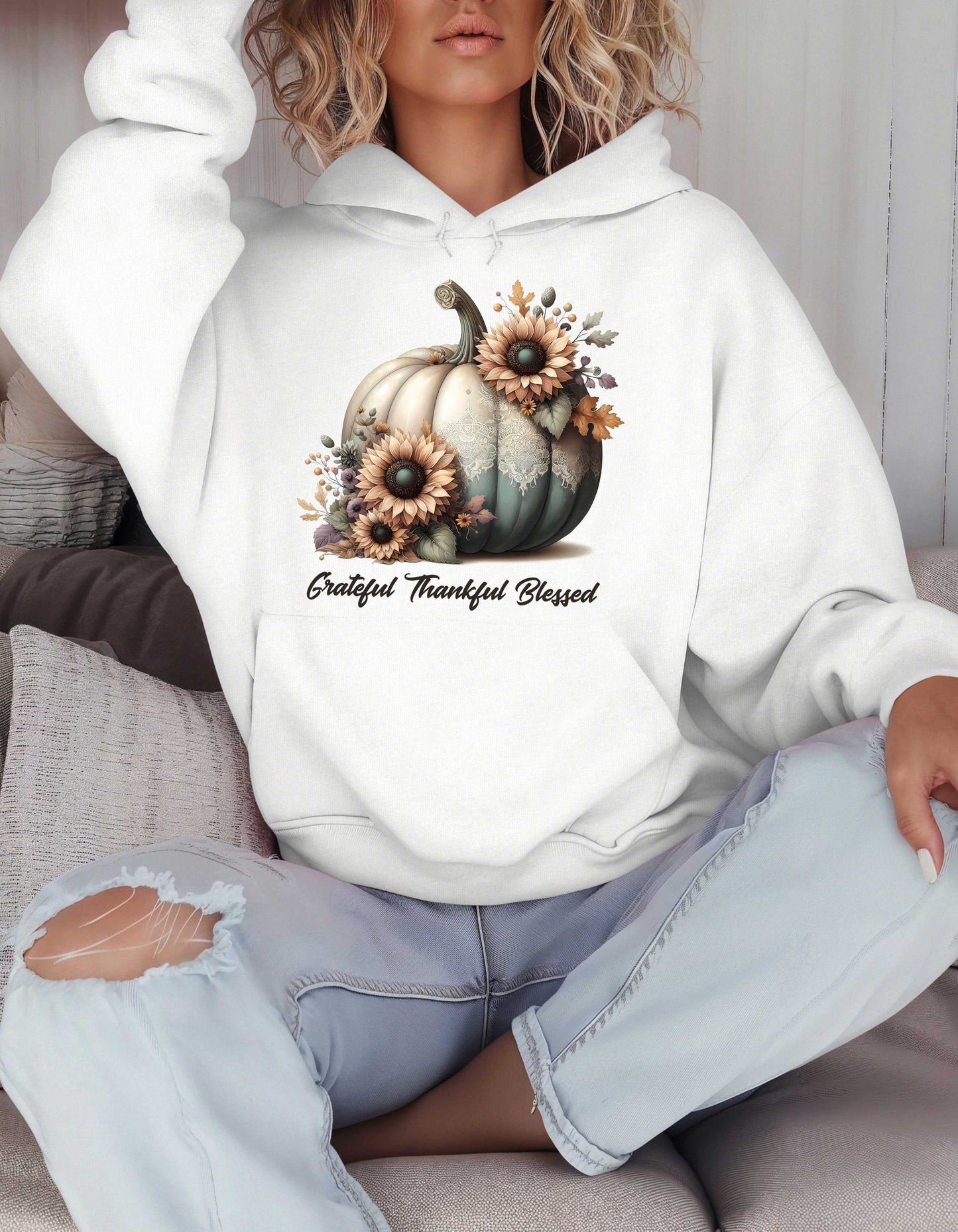 Fall Grateful Thankful Blessed Beige Hoodie Perfect for Thanksgiving Festivities or Any Autumn Occasions