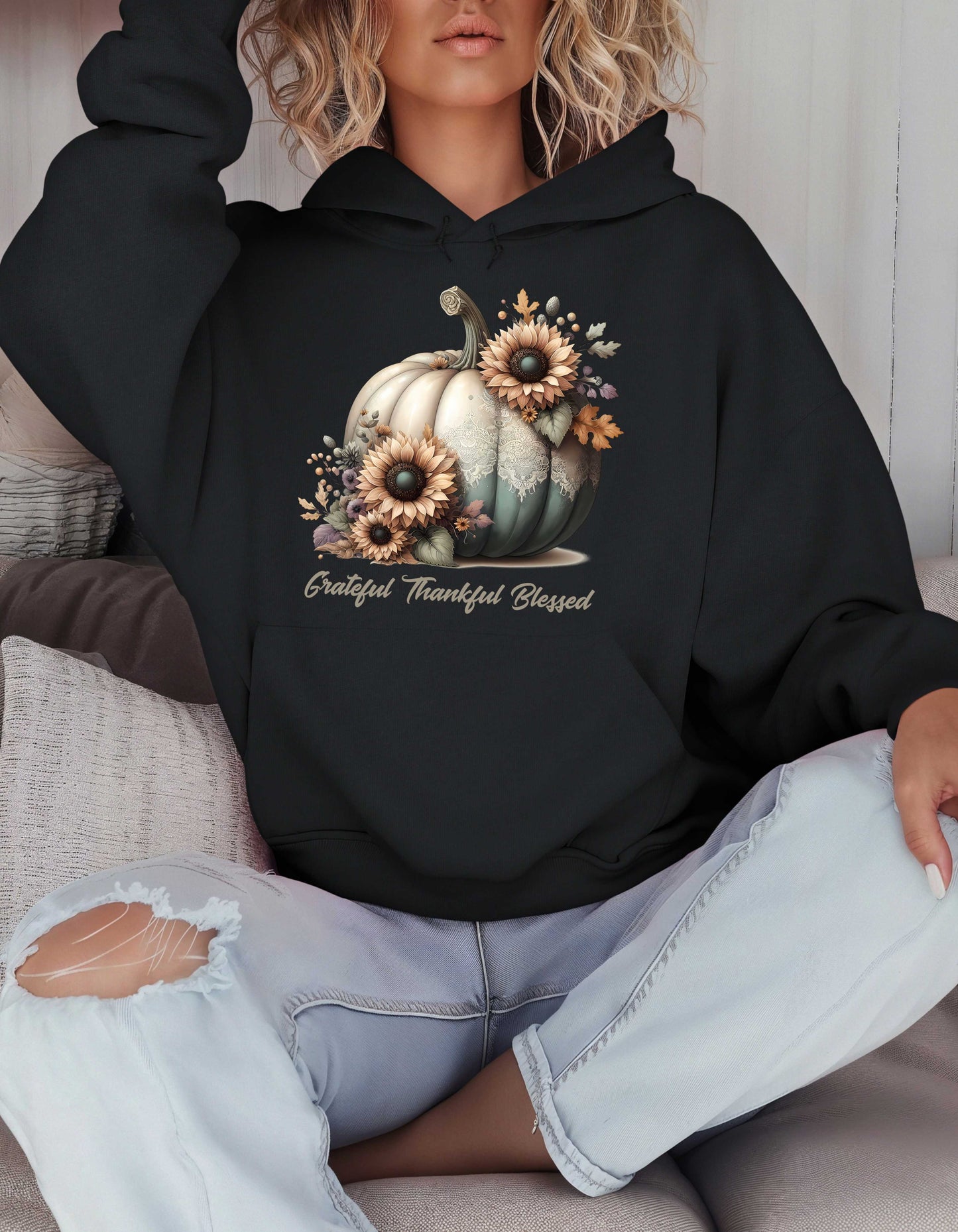 Fall Grateful Thankful Blessed Beige Hoodie Perfect for Thanksgiving Festivities or Any Autumn Occasions