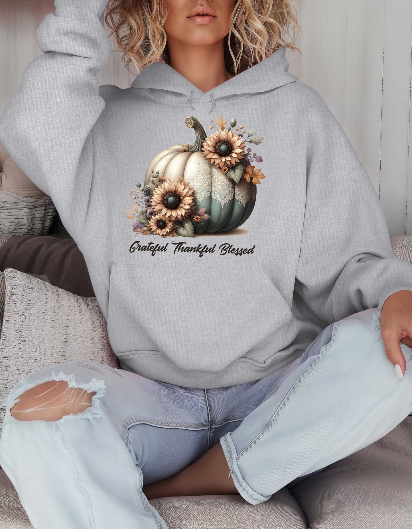 Fall Grateful Thankful Blessed Beige Hoodie Perfect for Thanksgiving Festivities or Any Autumn Occasions