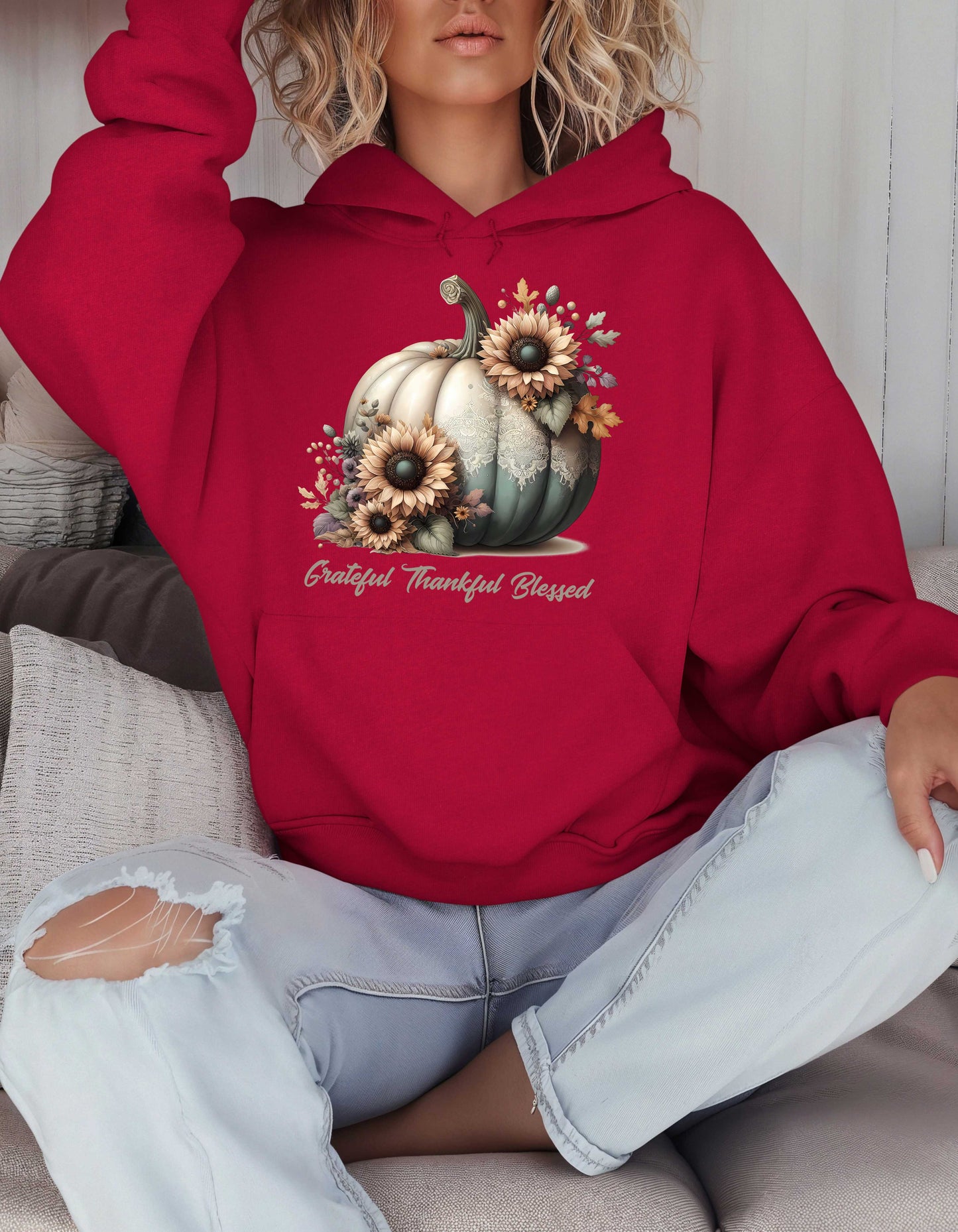 Fall Grateful Thankful Blessed Beige Hoodie Perfect for Thanksgiving Festivities or Any Autumn Occasions