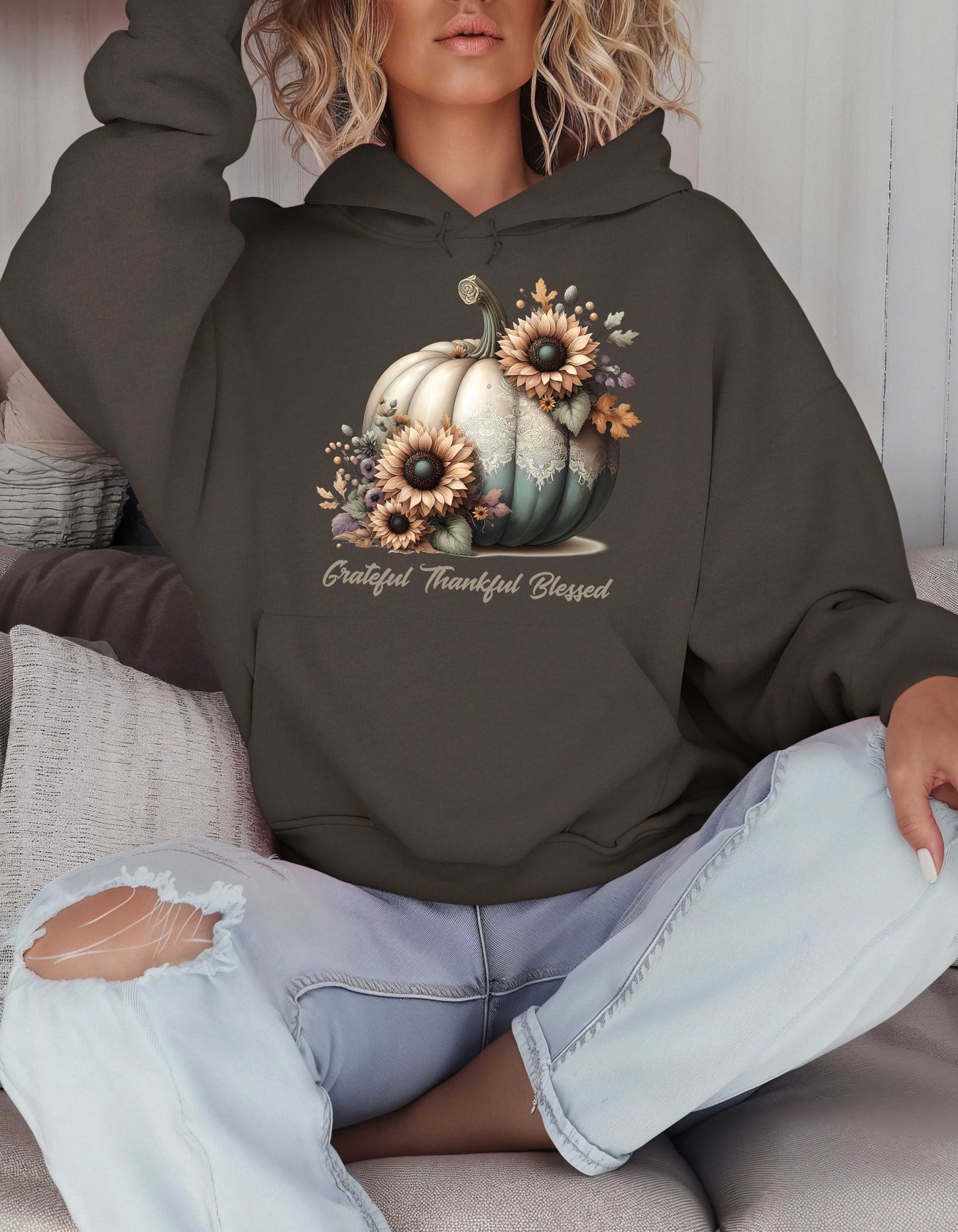 Fall Grateful Thankful Blessed Beige Hoodie Perfect for Thanksgiving Festivities or Any Autumn Occasions