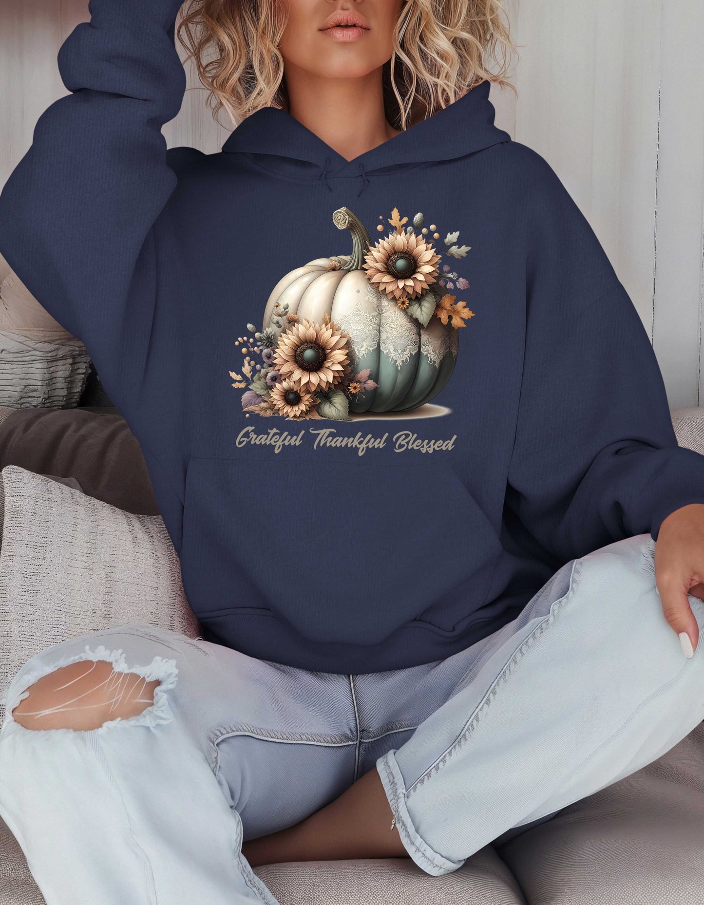 Fall Grateful Thankful Blessed Beige Hoodie Perfect for Thanksgiving Festivities or Any Autumn Occasions