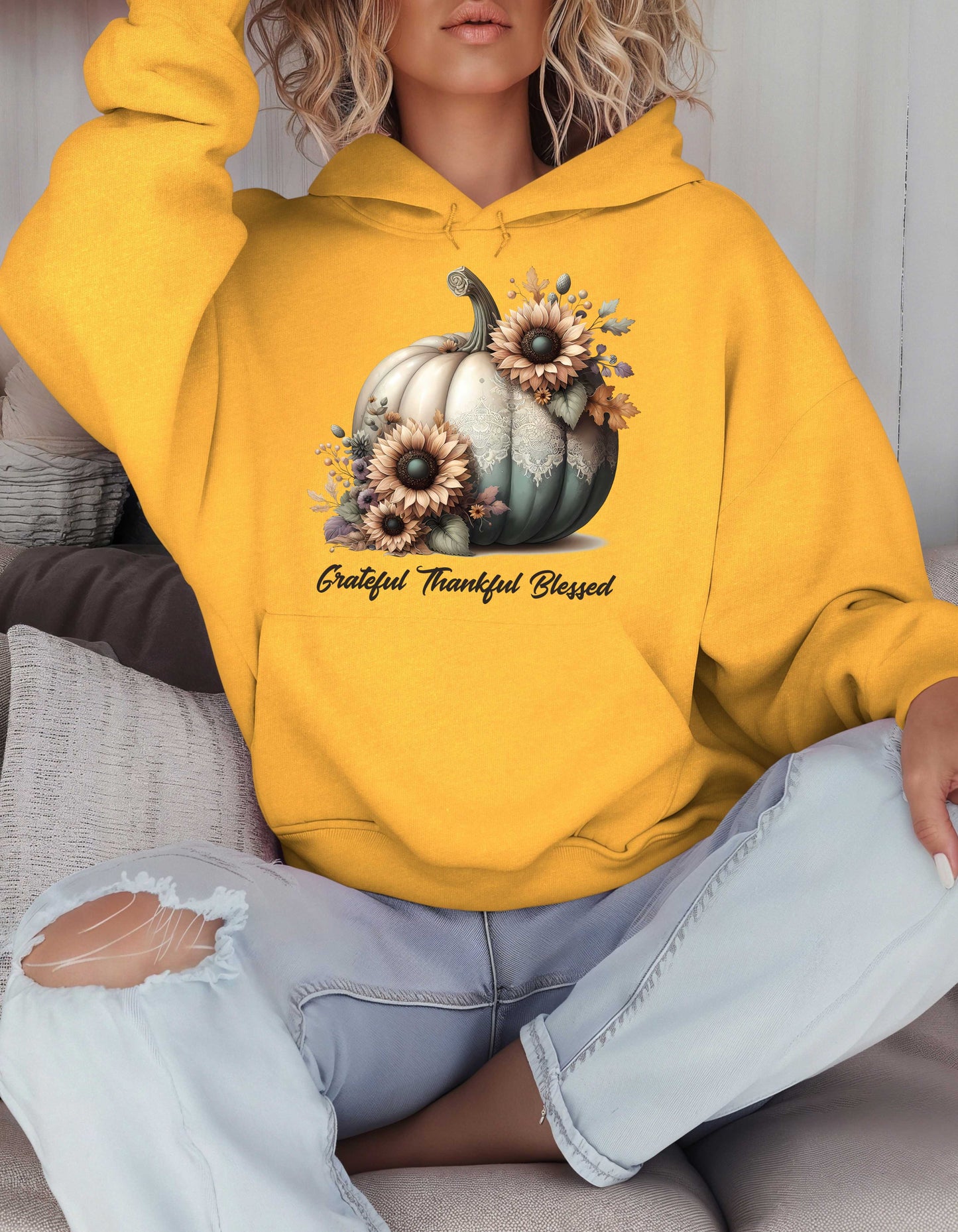 Fall Grateful Thankful Blessed Beige Hoodie Perfect for Thanksgiving Festivities or Any Autumn Occasions