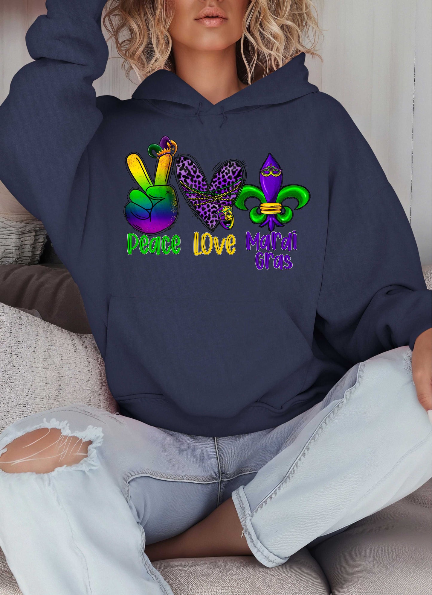 Peace Love Mardi Gras Hoodie-Perfect for New Orleans Carnival Parade & Festival