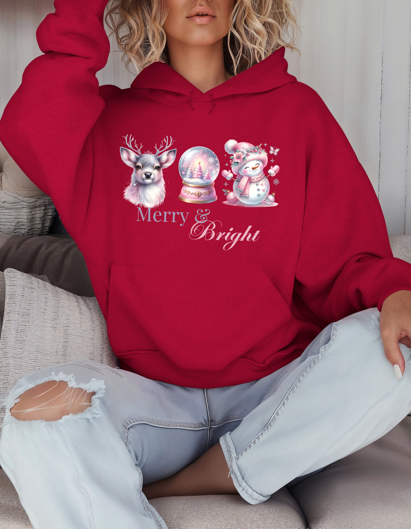 Merry & Bright Christmas Hoodie & Sweatshirt-Perfect Holiday Sweater for Pinkmas Occasions and Events-Great Gift Ideas for Deer Snowglobe and Snowman Lovers