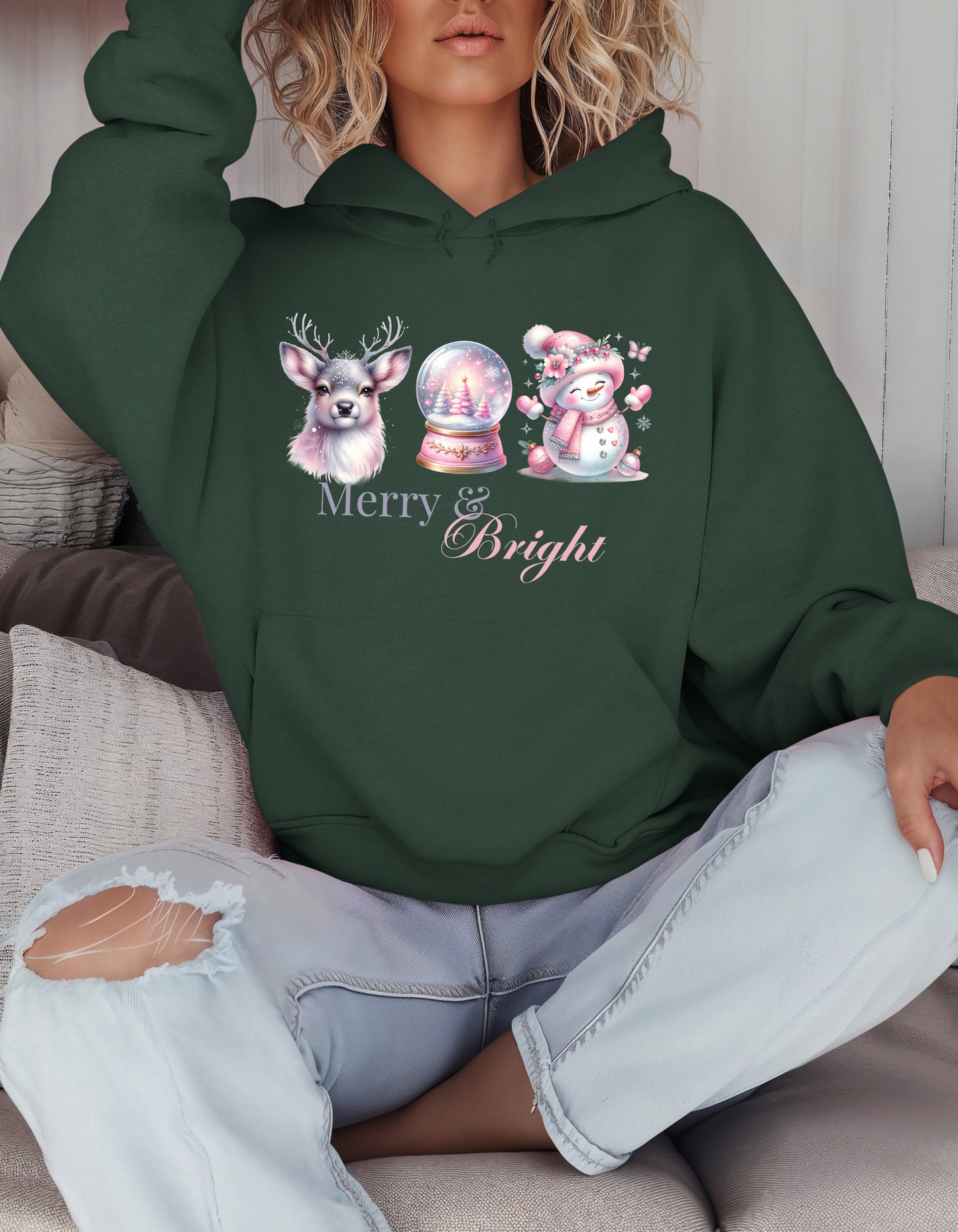 Merry & Bright Christmas Hoodie & Sweatshirt-Perfect Holiday Sweater for Pinkmas Occasions and Events-Great Gift Ideas for Deer Snowglobe and Snowman Lovers