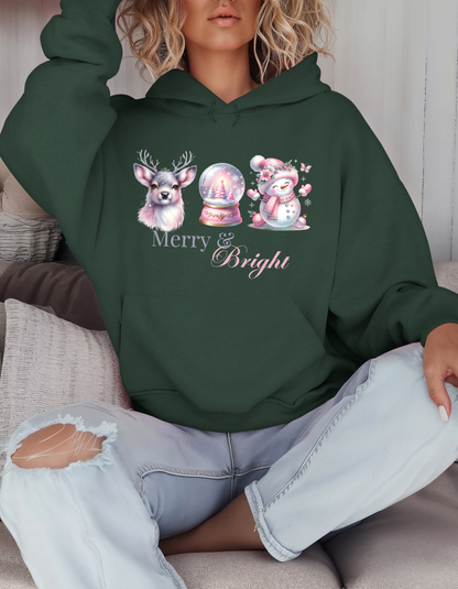 Merry & Bright Christmas Hoodie & Sweatshirt-Perfect Holiday Sweater for Pinkmas Occasions and Events-Great Gift Ideas for Deer Snowglobe and Snowman Lovers