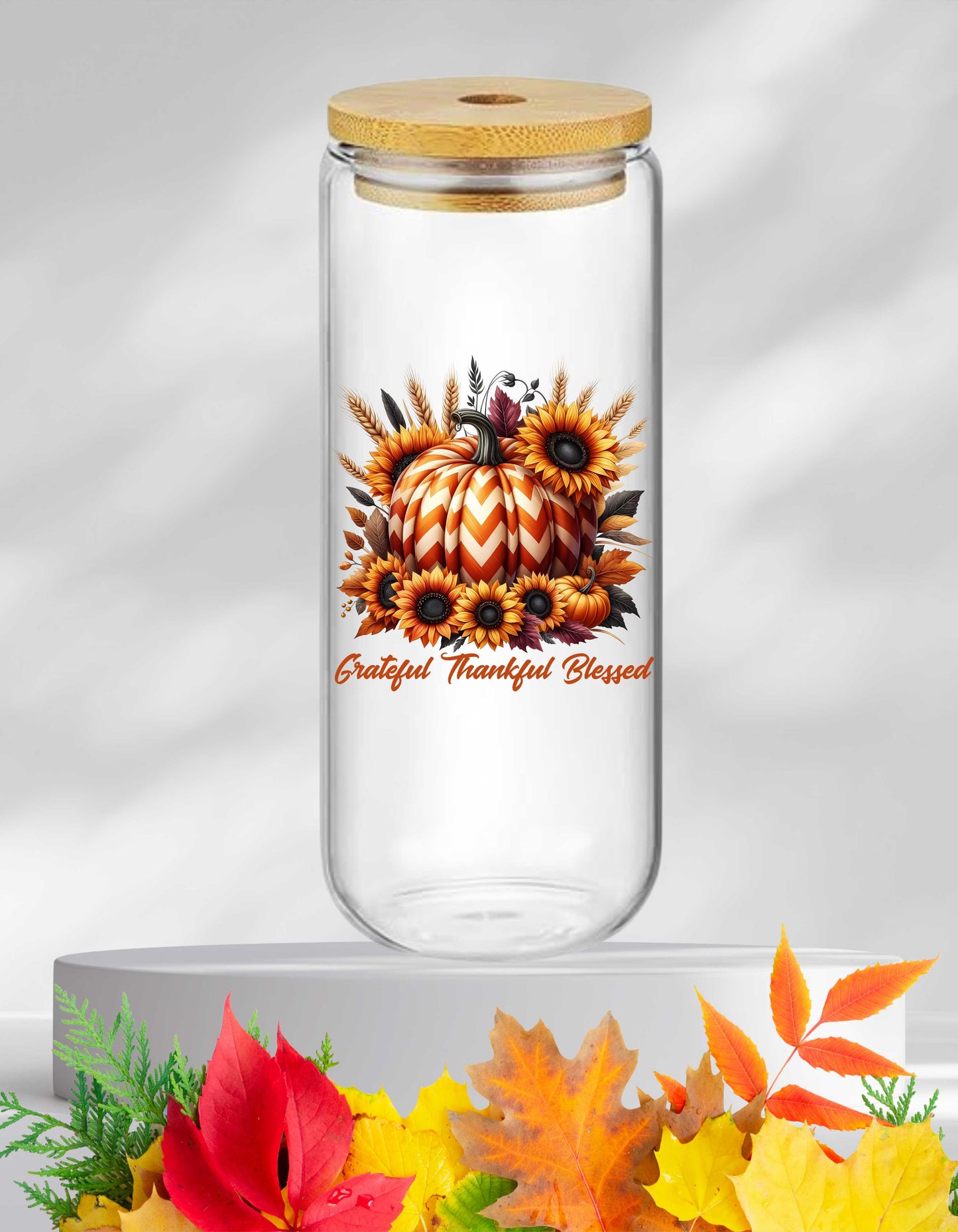 Grateful Thankful Blessed Fall 20oz Glass Tumbler with Bamboo Lid & Straw-Perfect Gift for Pumpkin Lovers