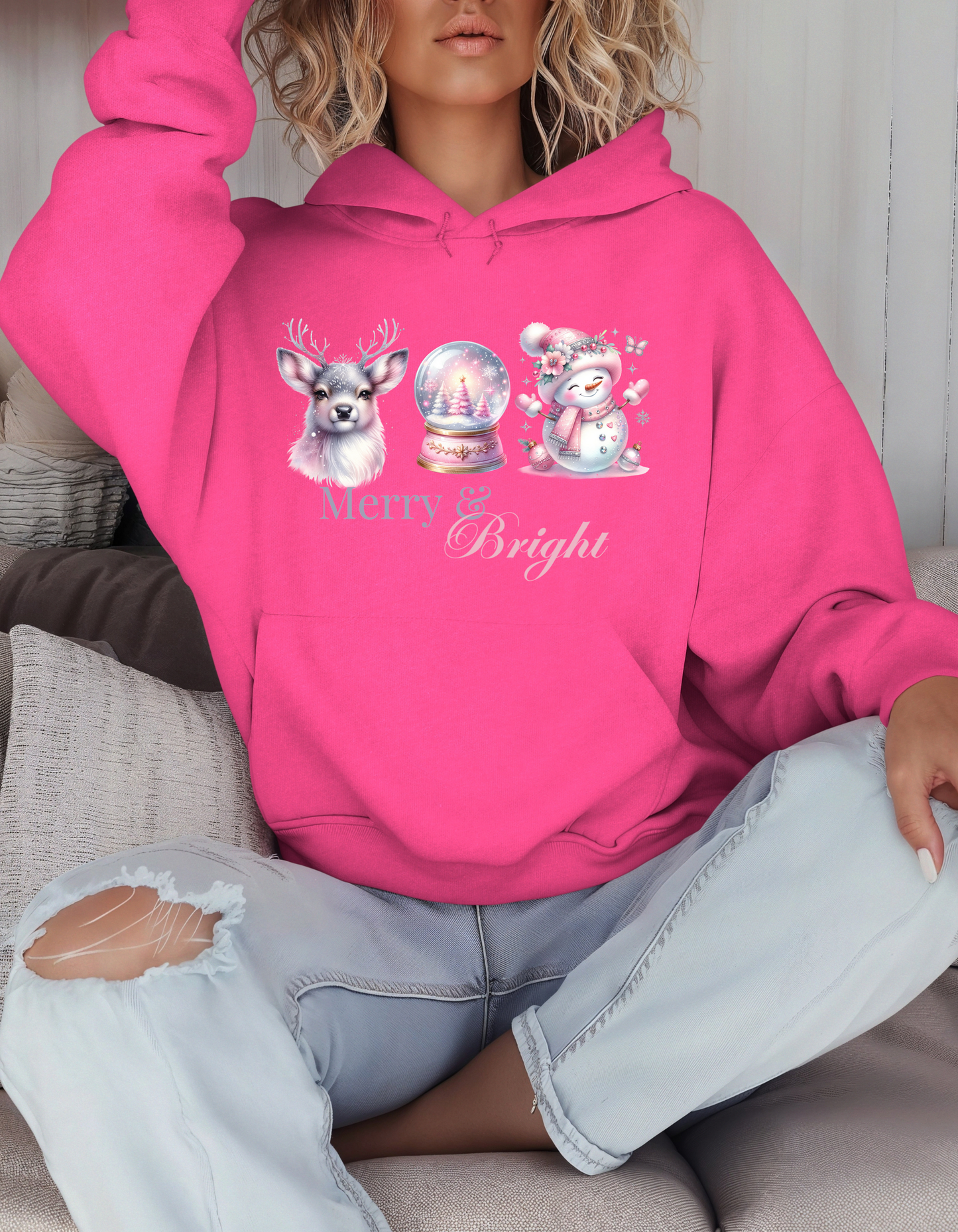 Merry & Bright Christmas Hoodie & Sweatshirt-Perfect Holiday Sweater for Pinkmas Occasions and Events-Great Gift Ideas for Deer Snowglobe and Snowman Lovers