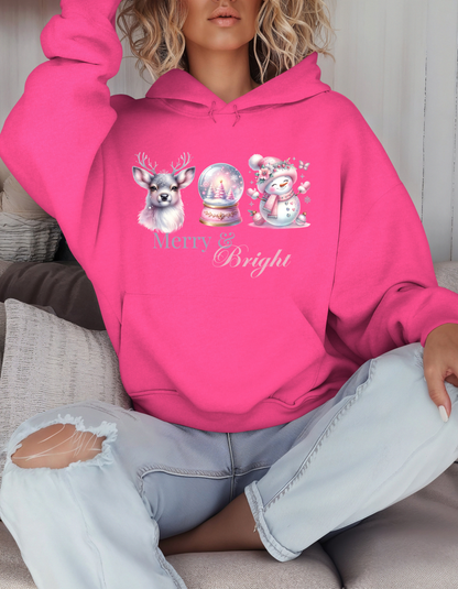 Merry & Bright Christmas Hoodie & Sweatshirt-Perfect Holiday Sweater for Pinkmas Occasions and Events-Great Gift Ideas for Deer Snowglobe and Snowman Lovers