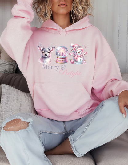 Merry & Bright Christmas Hoodie & Sweatshirt-Perfect Holiday Sweater for Pinkmas Occasions and Events-Great Gift Ideas for Deer Snowglobe and Snowman Lovers