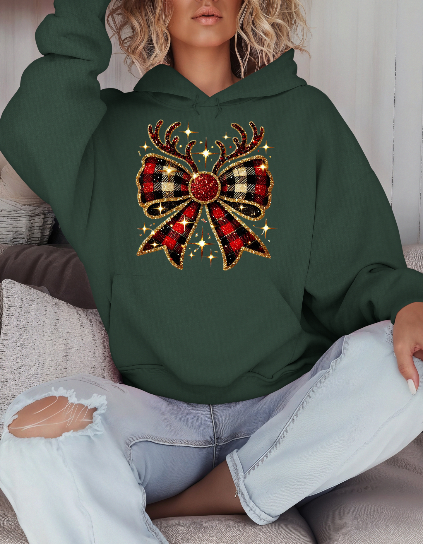 Christmas Reindeer Bow Sweatshirt for Women Coquette Xmas Hoodie-Perfect Holiday Gift for Mom