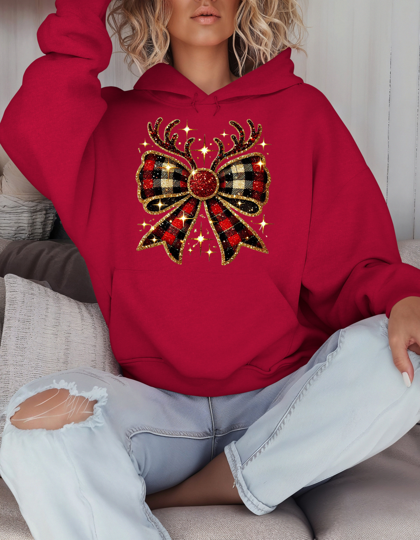 Christmas Reindeer Bow Sweatshirt for Women Coquette Xmas Hoodie-Perfect Holiday Gift for Mom