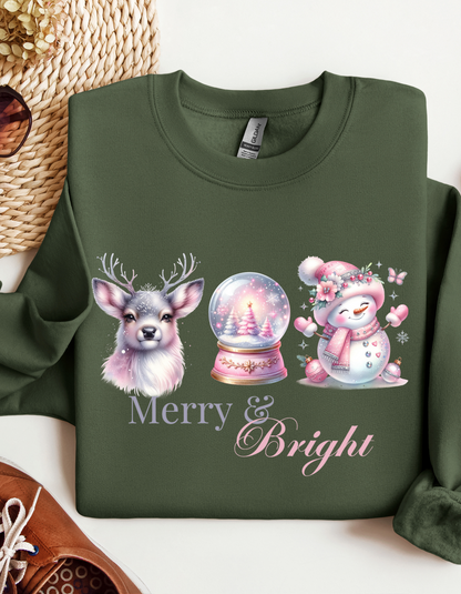 Merry & Bright Christmas Hoodie & Sweatshirt-Perfect Holiday Sweater for Pinkmas Occasions and Events-Great Gift Ideas for Deer Snowglobe and Snowman Lovers