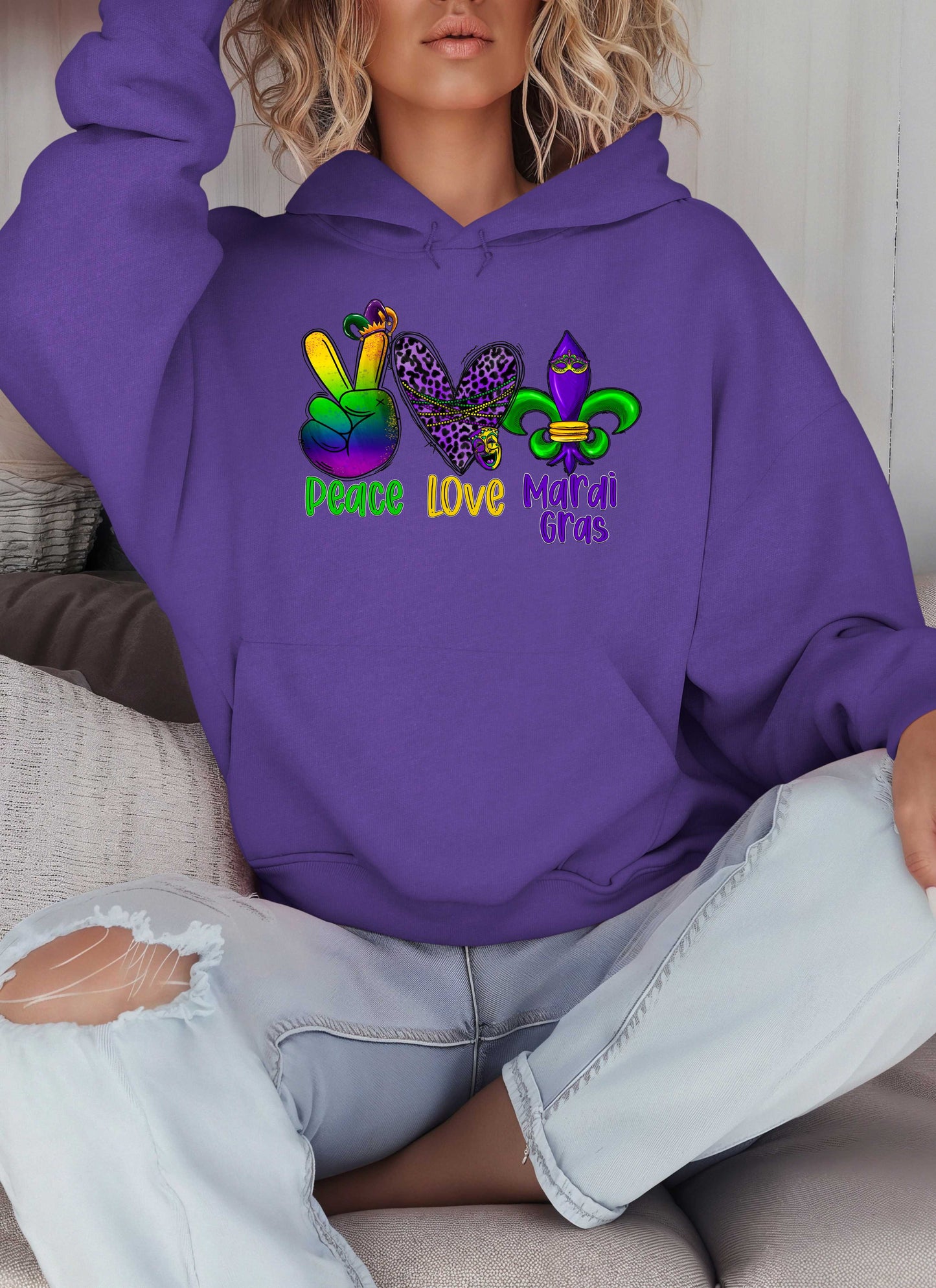 Peace Love Mardi Gras Hoodie-Perfect for New Orleans Carnival Parade & Festival