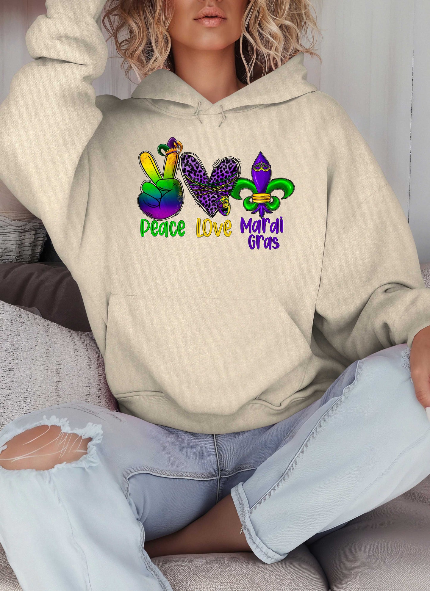 Peace Love Mardi Gras Hoodie-Perfect for New Orleans Carnival Parade & Festival
