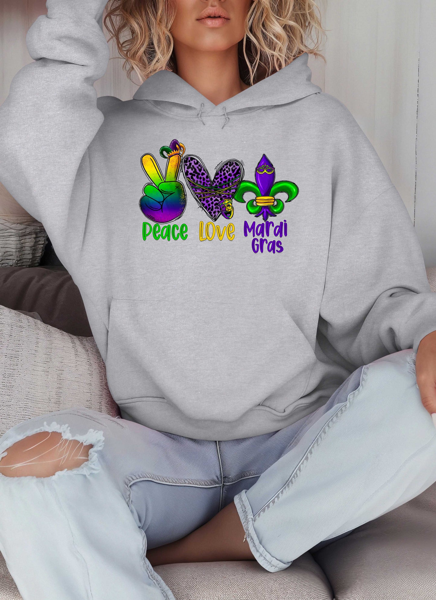 Peace Love Mardi Gras Hoodie-Perfect for New Orleans Carnival Parade & Festival