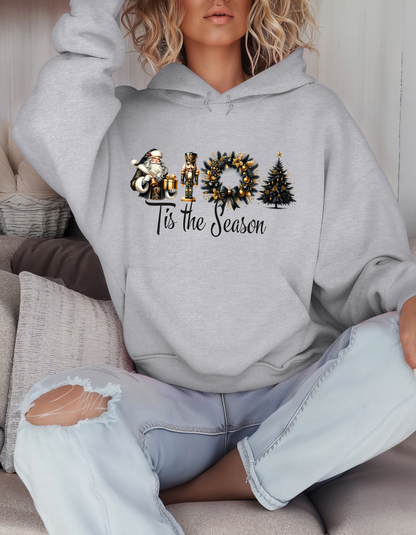 Tis the Season Christmas Hoodie for Women Holiday Sweatshirt with Santa Nutcracker Xmas Wreath & Tree Design-Perfect Secret Santa Gift for Mom