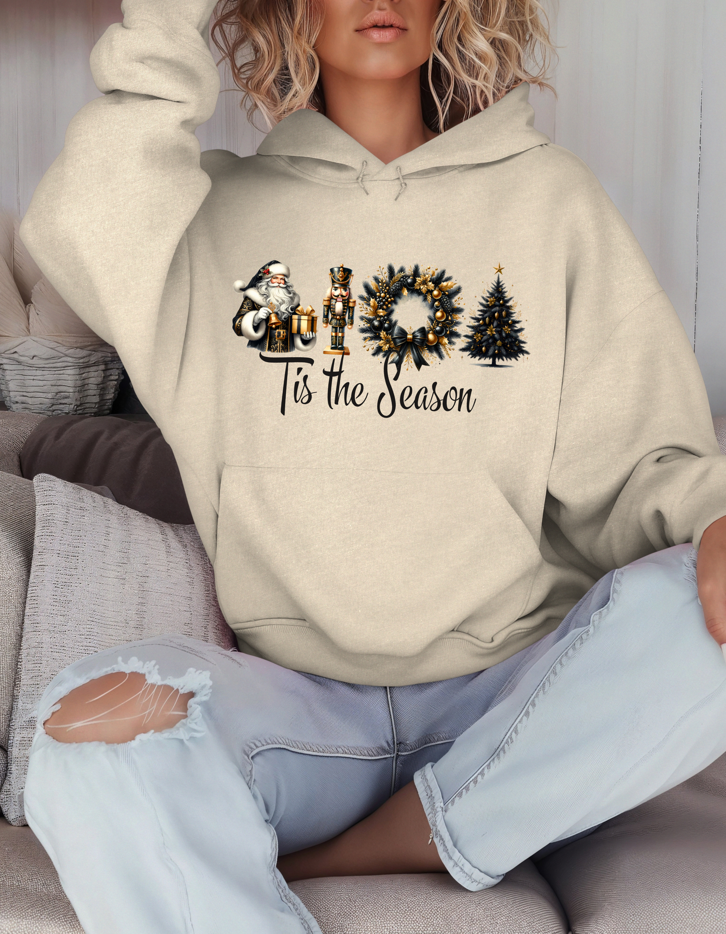 Tis the Season Christmas Hoodie for Women Holiday Sweatshirt with Santa Nutcracker Xmas Wreath & Tree Design-Perfect Secret Santa Gift for Mom