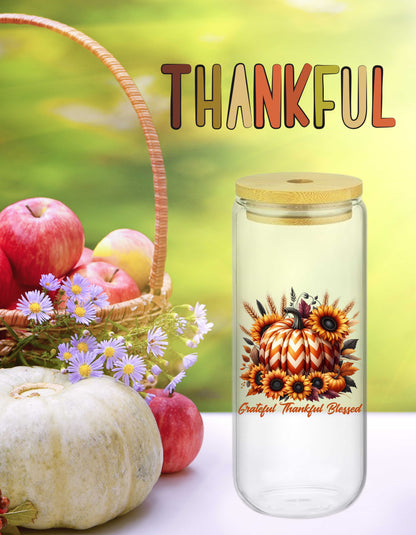 Grateful Thankful Blessed Fall 20oz Glass Tumbler with Bamboo Lid & Straw-Perfect Gift for Pumpkin Lovers