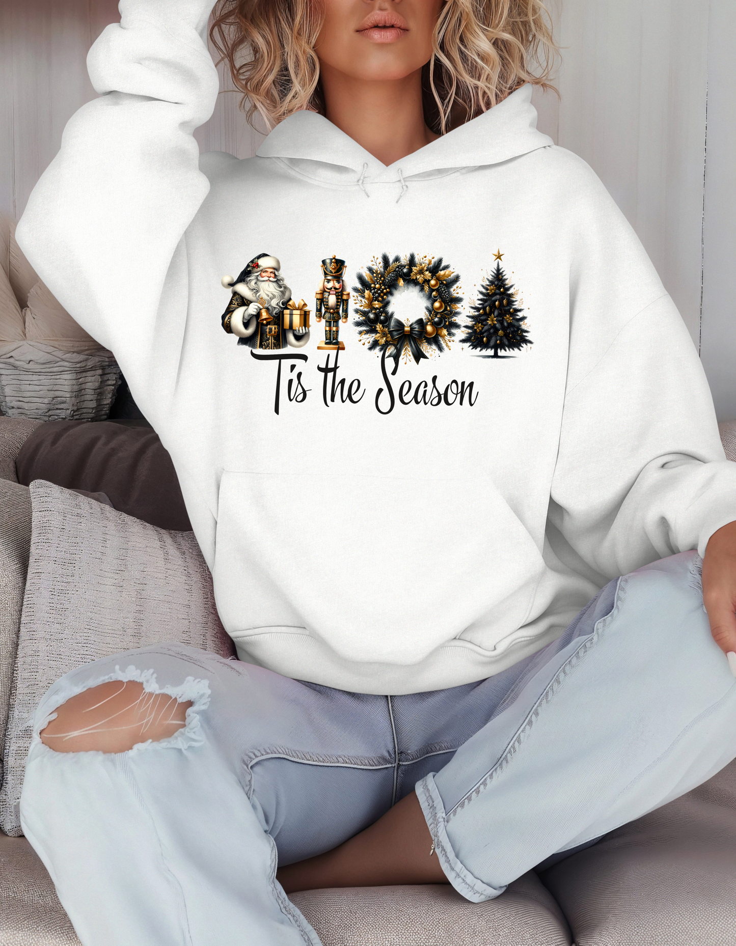 Tis the Season Christmas Hoodie for Women Holiday Sweatshirt with Santa Nutcracker Xmas Wreath & Tree Design-Perfect Secret Santa Gift for Mom