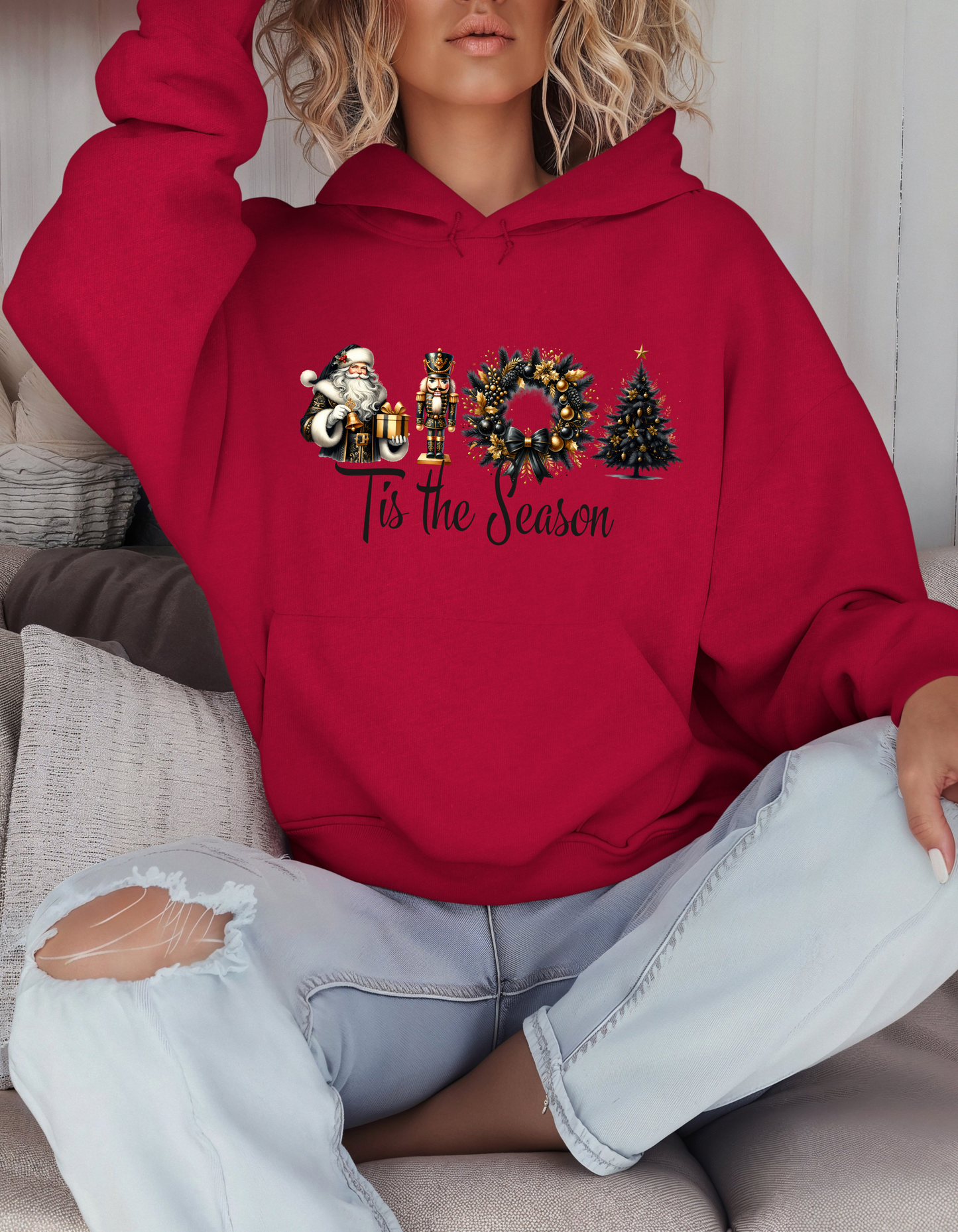 Tis the Season Christmas Hoodie for Women Holiday Sweatshirt with Santa Nutcracker Xmas Wreath & Tree Design-Perfect Secret Santa Gift for Mom