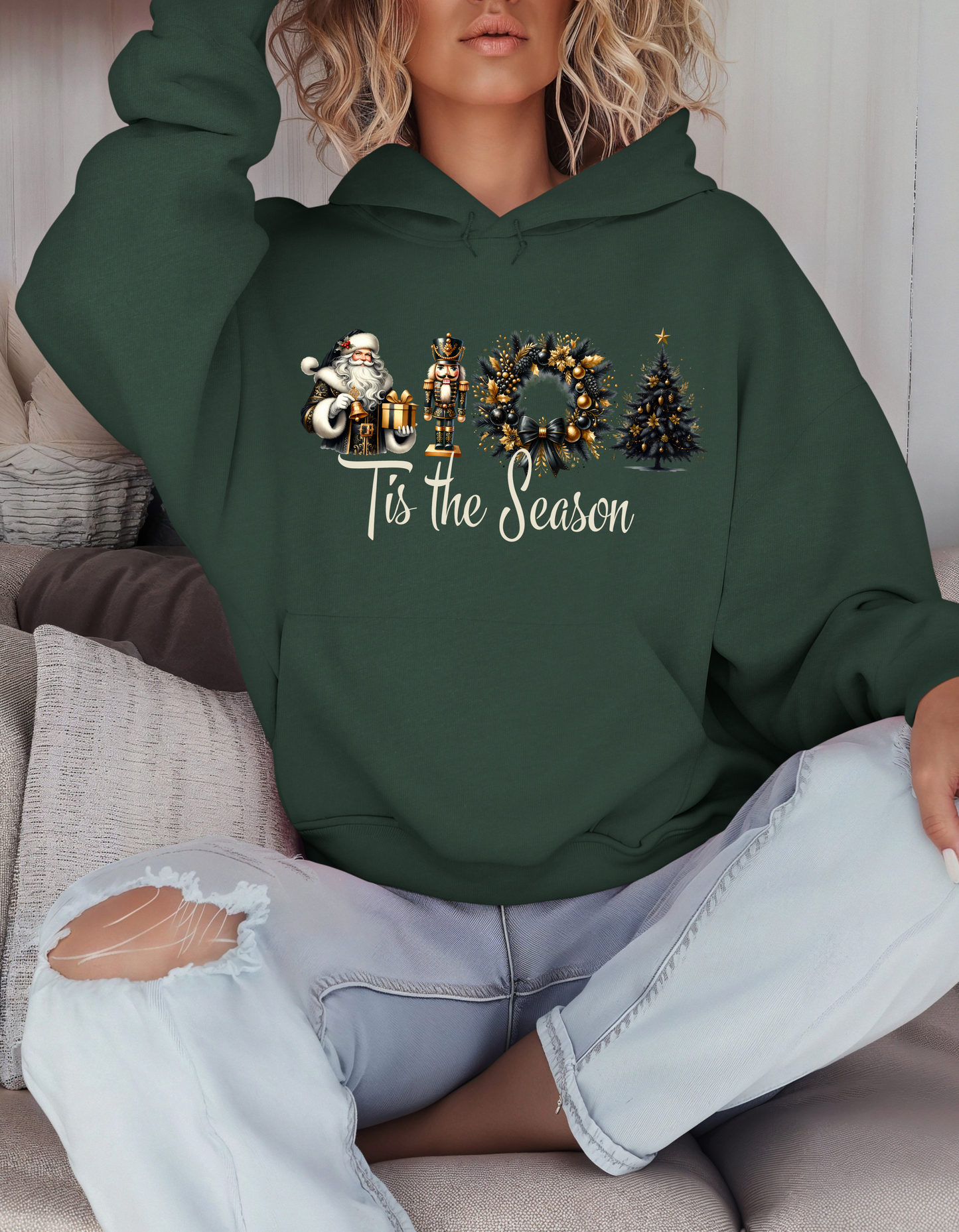Tis the Season Christmas Hoodie for Women Holiday Sweatshirt with Santa Nutcracker Xmas Wreath & Tree Design-Perfect Secret Santa Gift for Mom