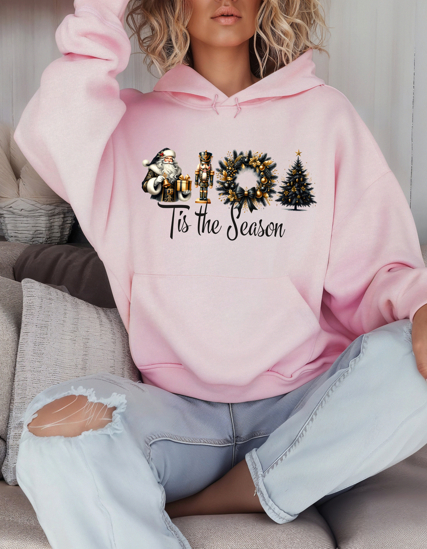 Tis the Season Christmas Hoodie for Women Holiday Sweatshirt with Santa Nutcracker Xmas Wreath & Tree Design-Perfect Secret Santa Gift for Mom