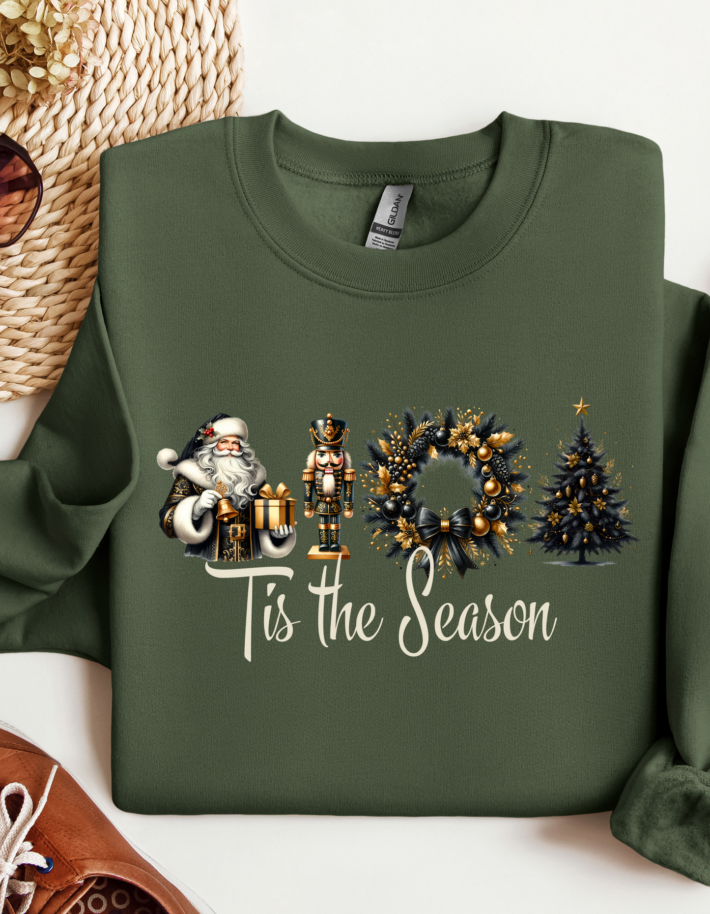 Tis the Season Christmas Hoodie for Women Holiday Sweatshirt with Santa Nutcracker Xmas Wreath & Tree Design-Perfect Secret Santa Gift for Mom