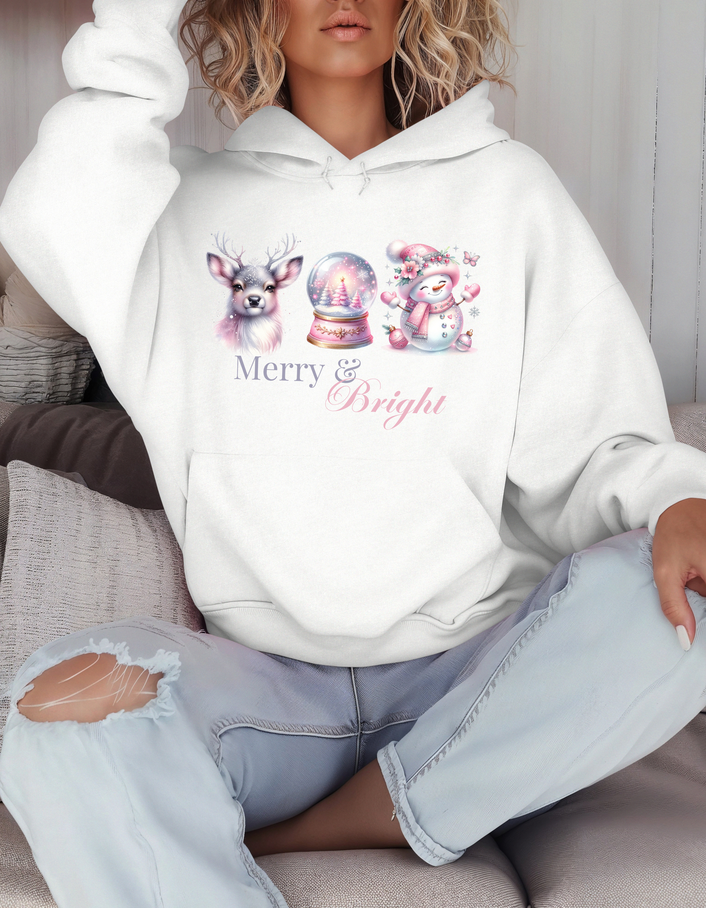 Merry & Bright Christmas Hoodie & Sweatshirt-Perfect Holiday Sweater for Pinkmas Occasions and Events-Great Gift Ideas for Deer Snowglobe and Snowman Lovers