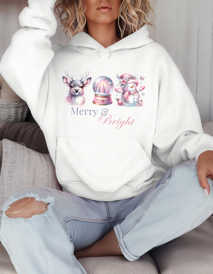 Merry & Bright Christmas Hoodie & Sweatshirt-Perfect Holiday Sweater for Pinkmas Occasions and Events-Great Gift Ideas for Deer Snowglobe and Snowman Lovers